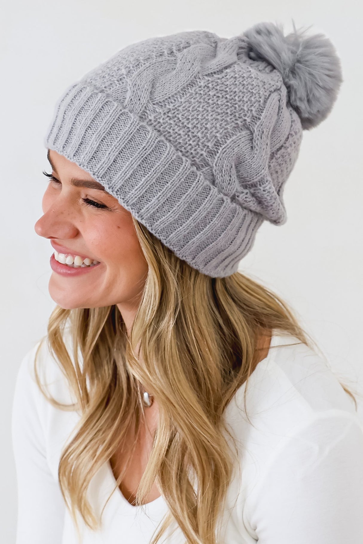 Model wearing Yasmine Beanie in Grey from Salty Crush