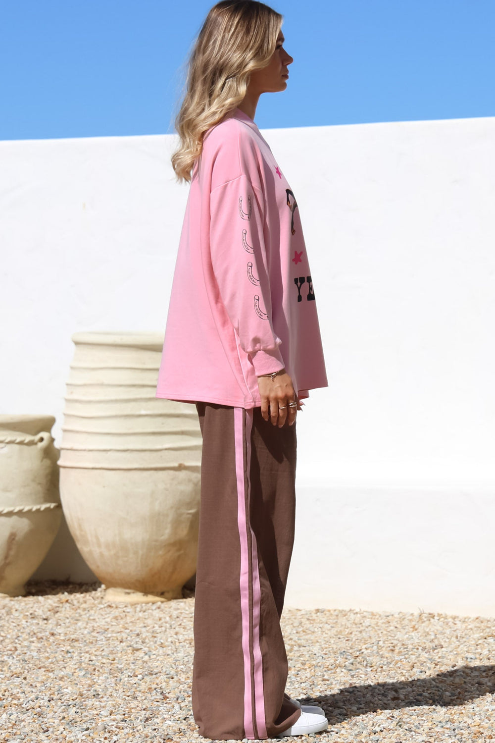 Yee-Haw Set - Graphic Long Sleeve Top and Pants with Stripe Accent in Pink