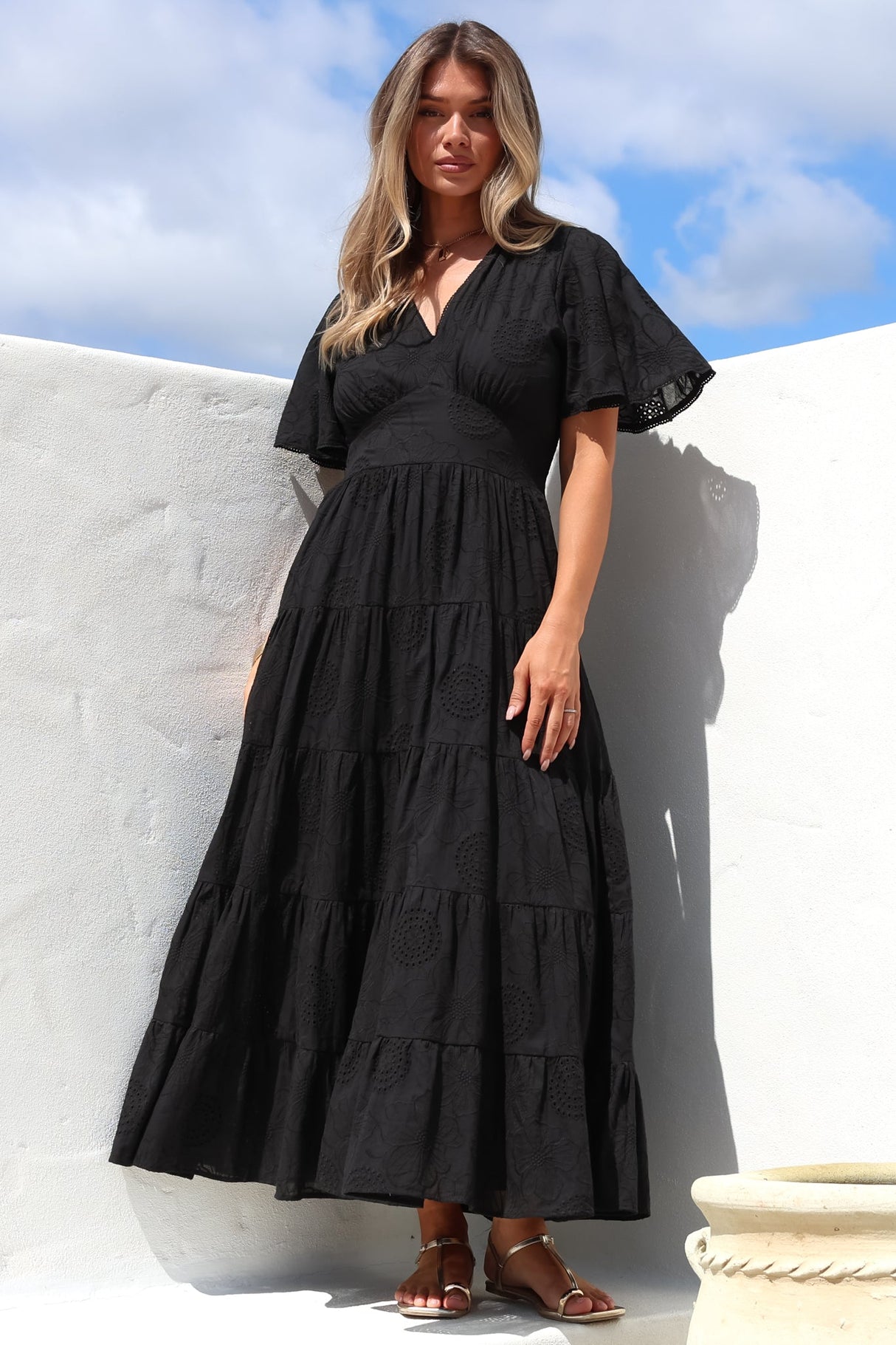 Yelena Maxi Dress - Embroidered Floral Tiered A-Line Dress in Black