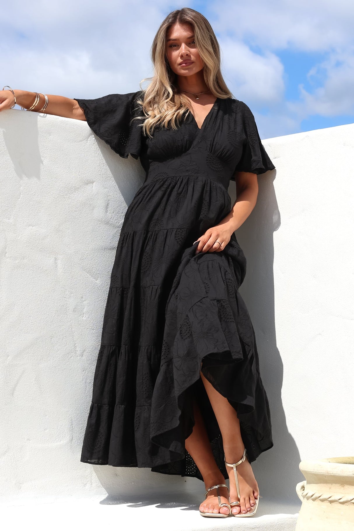 Yelena Maxi Dress - Embroidered Floral Tiered A-Line Dress in Black