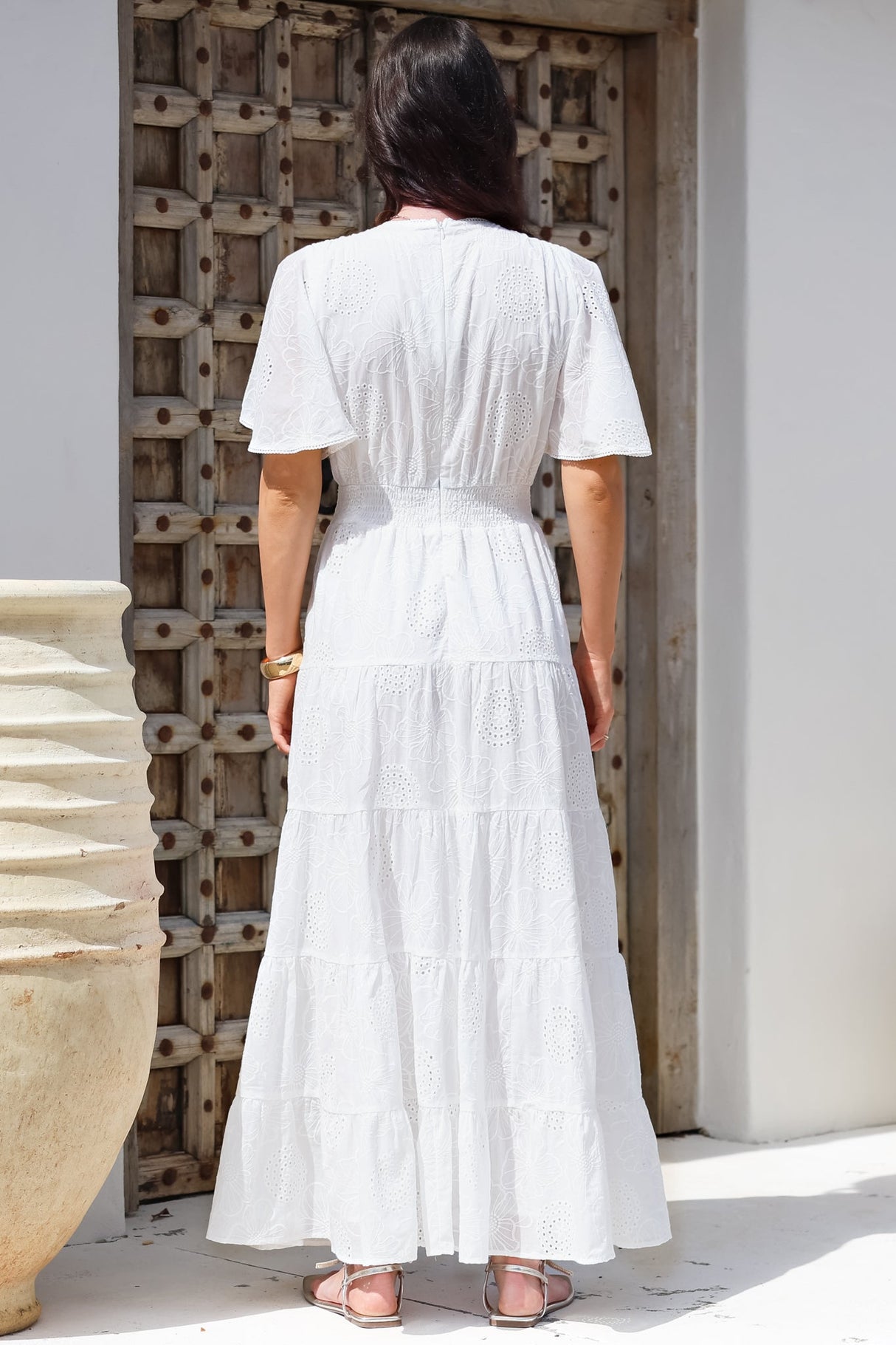 Yelena Maxi Dress - Embroidered Floral Tiered A-Line Dress in White