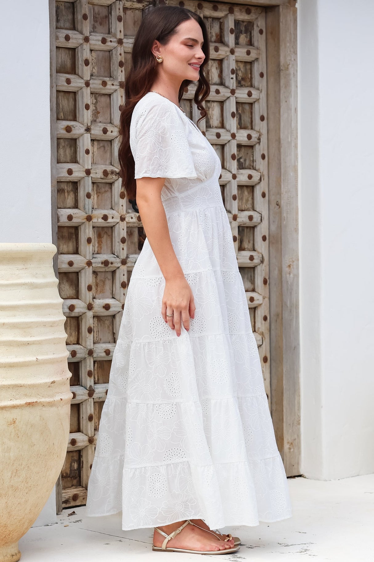 Yelena Maxi Dress - Embroidered Floral Tiered A-Line Dress in White