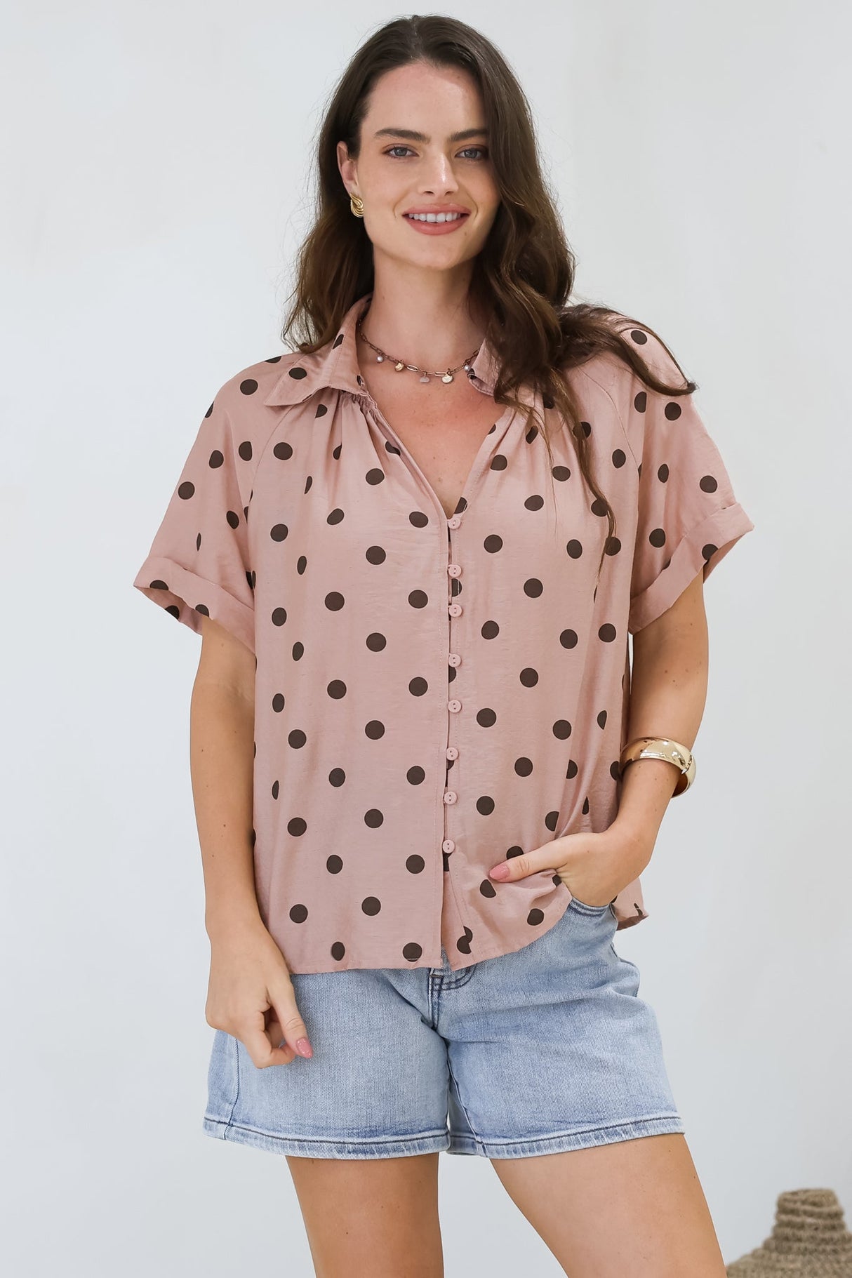 Yohanna Blouse - Collared Button Down in Pacey Spot Pink