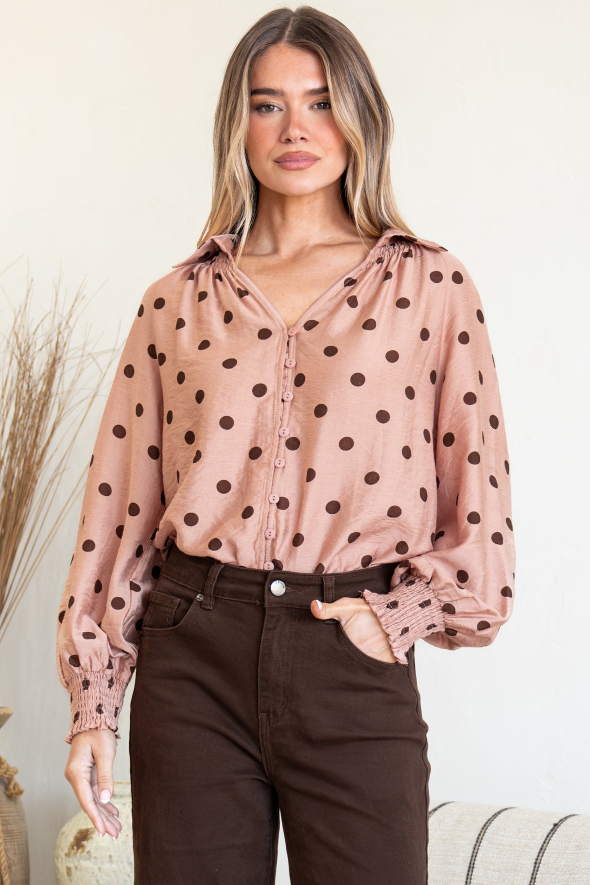 Model wearing Yulissa Blouse in Pacey Spot Pink from Salty Crush