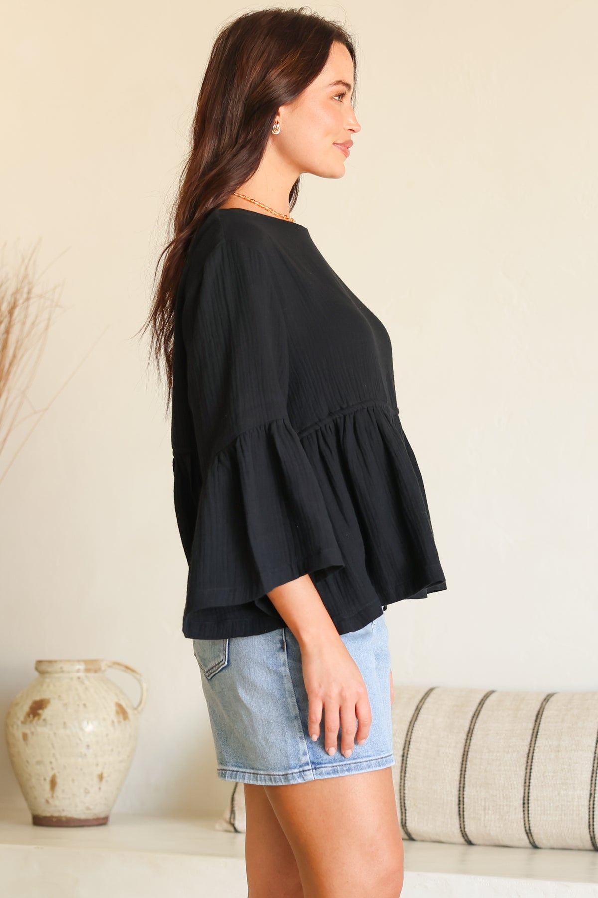 Yvanna Top - Boatneck Adjustable Waist Cheesecloth Cotton Top in Black