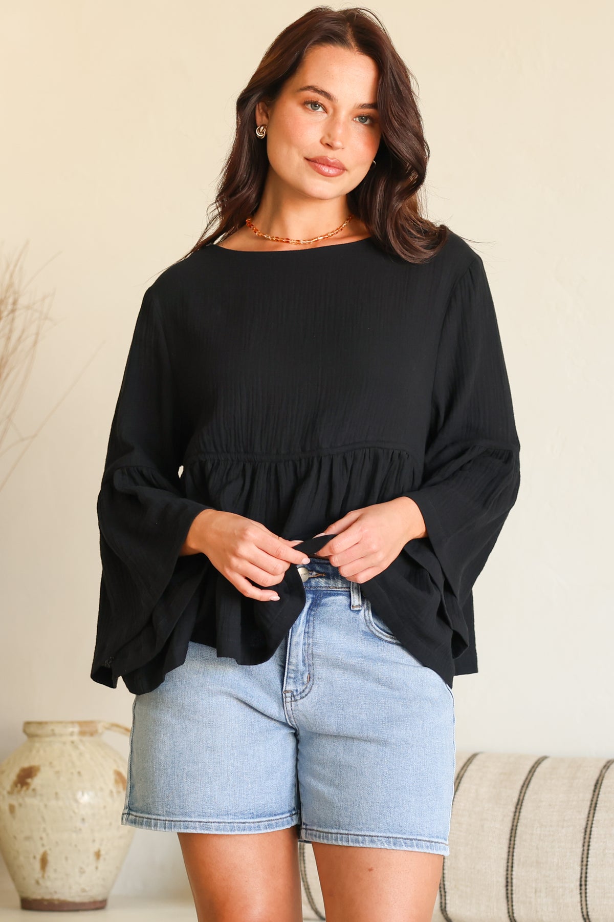 Yvanna Top - Boatneck Adjustable Waist Cheesecloth Cotton Top in Black