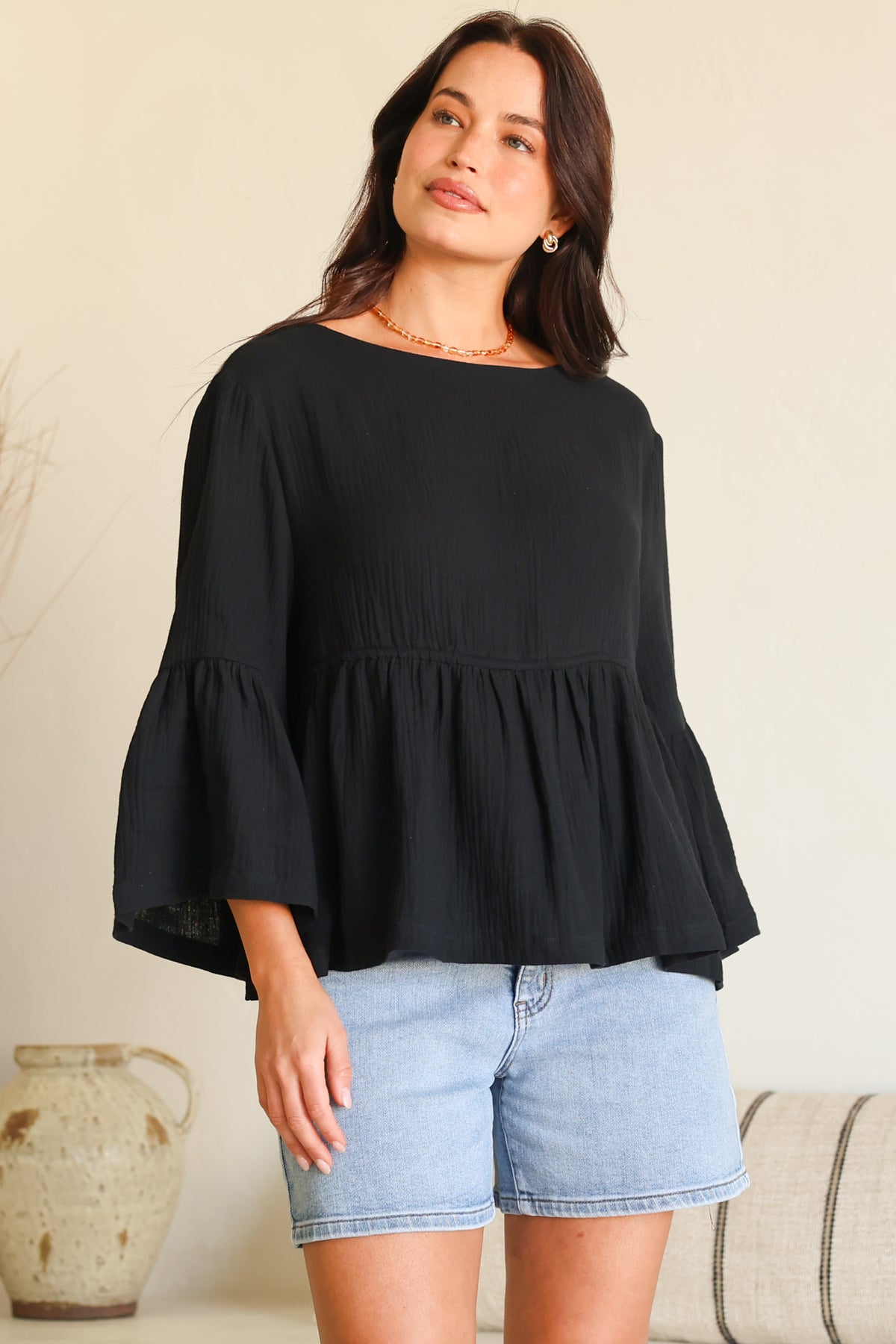 Yvanna Top - Boatneck Adjustable Waist Cheesecloth Cotton Top in Black