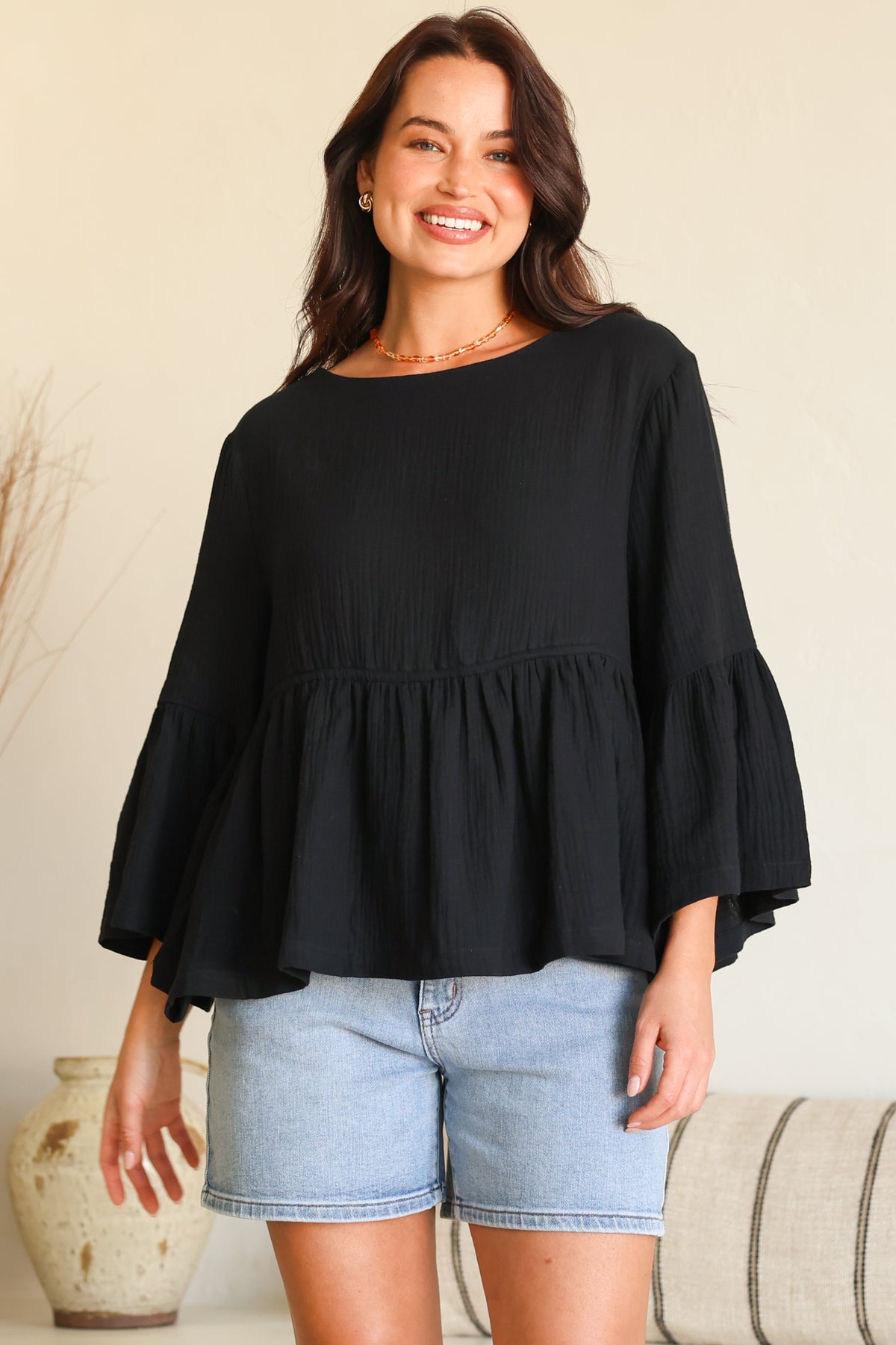 Yvanna Top - Boatneck Adjustable Waist Cheesecloth Cotton Top in Black