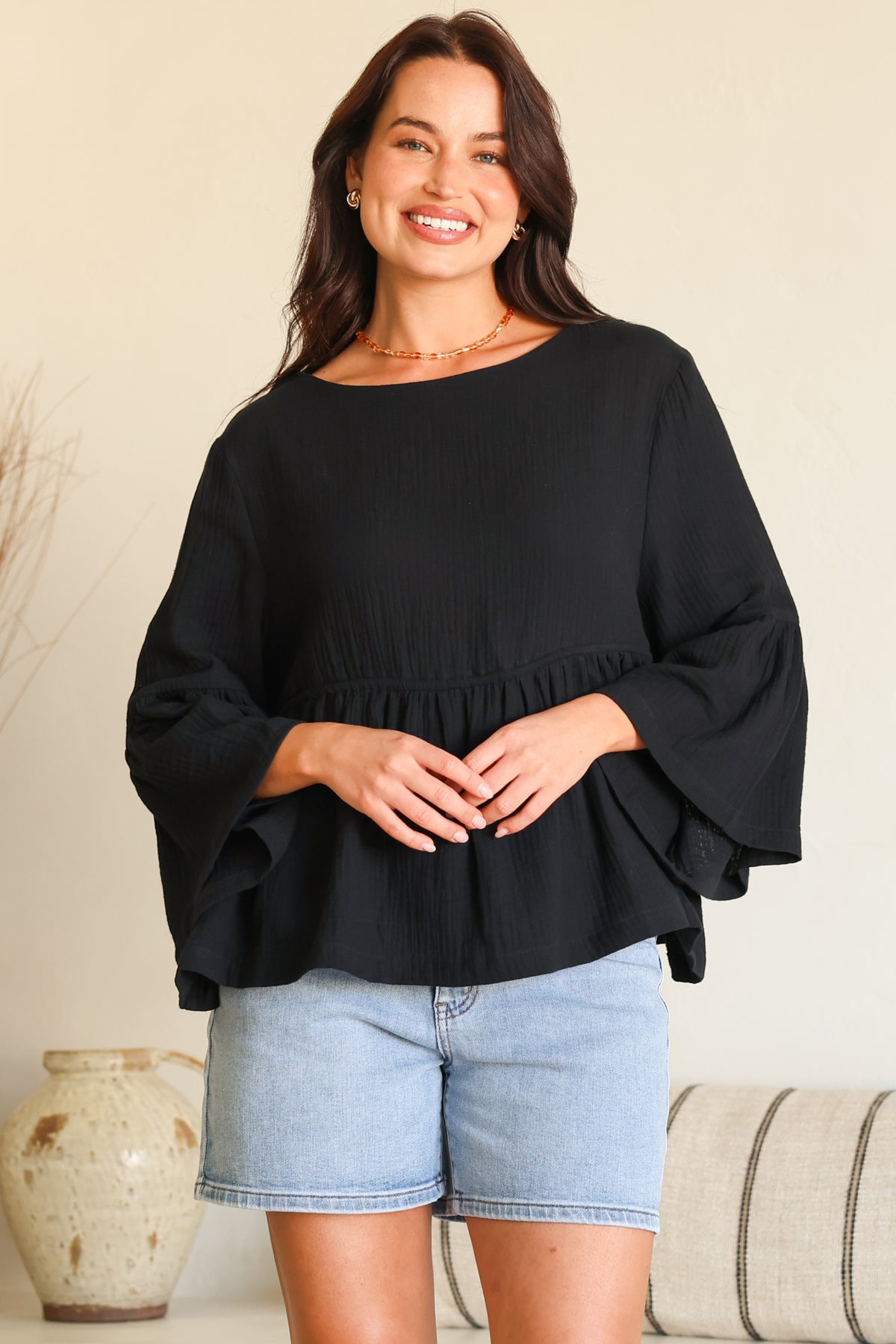Yvanna Top - Boatneck Adjustable Waist Cheesecloth Cotton Top in Black