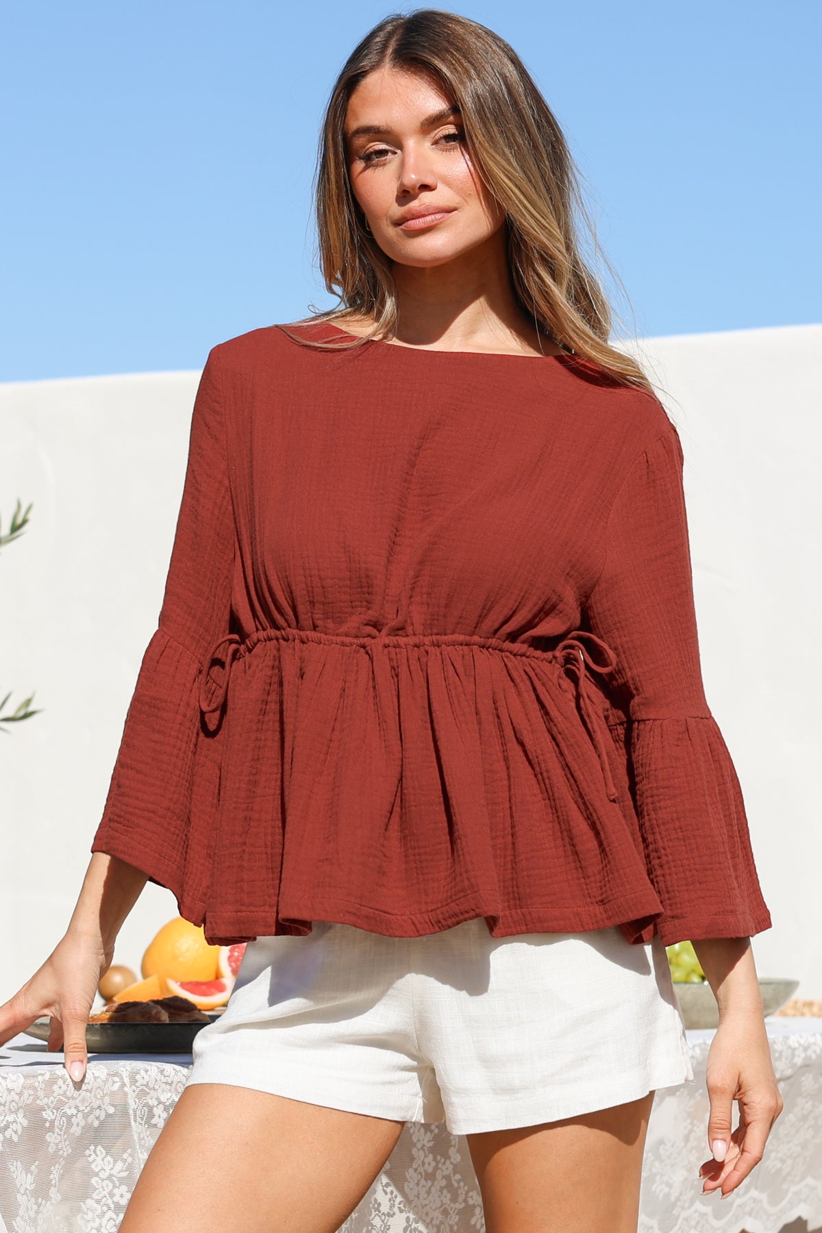 Yvanna Top - Boatneck Adjustable Waist Cheesecloth Cotton Top in Terracota