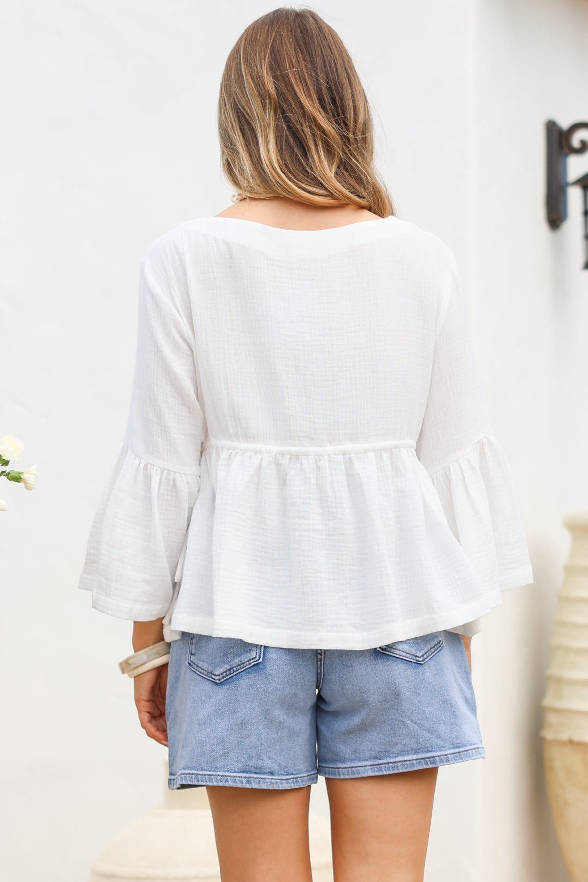 Yvanna Top - Boatneck Adjustable Waist Cheesecloth Cotton Top in White