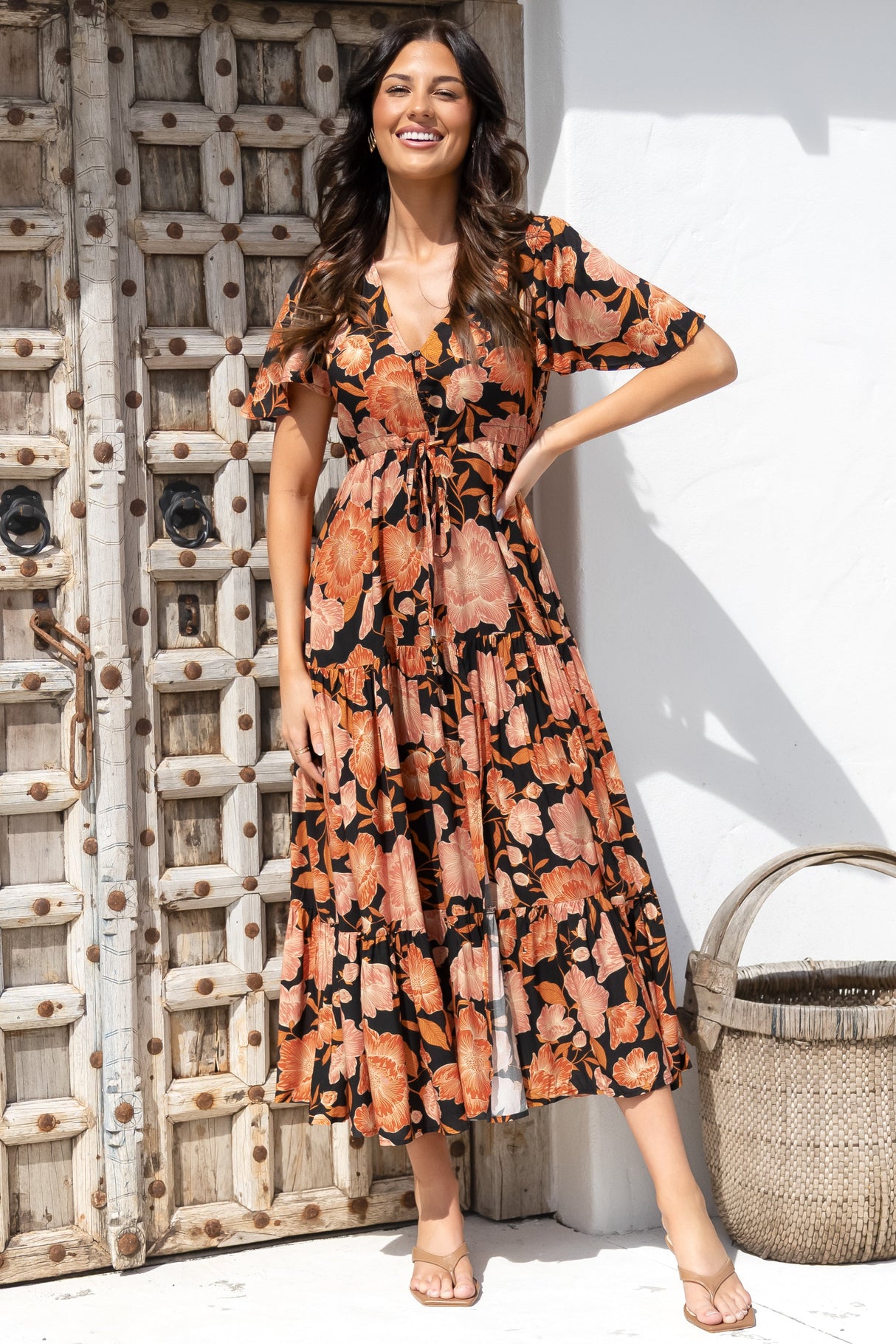 Ziggy Maxi Dress - Cap Sleeve Tiered Dress with Pull Tie Waist in Yasmin Print Black