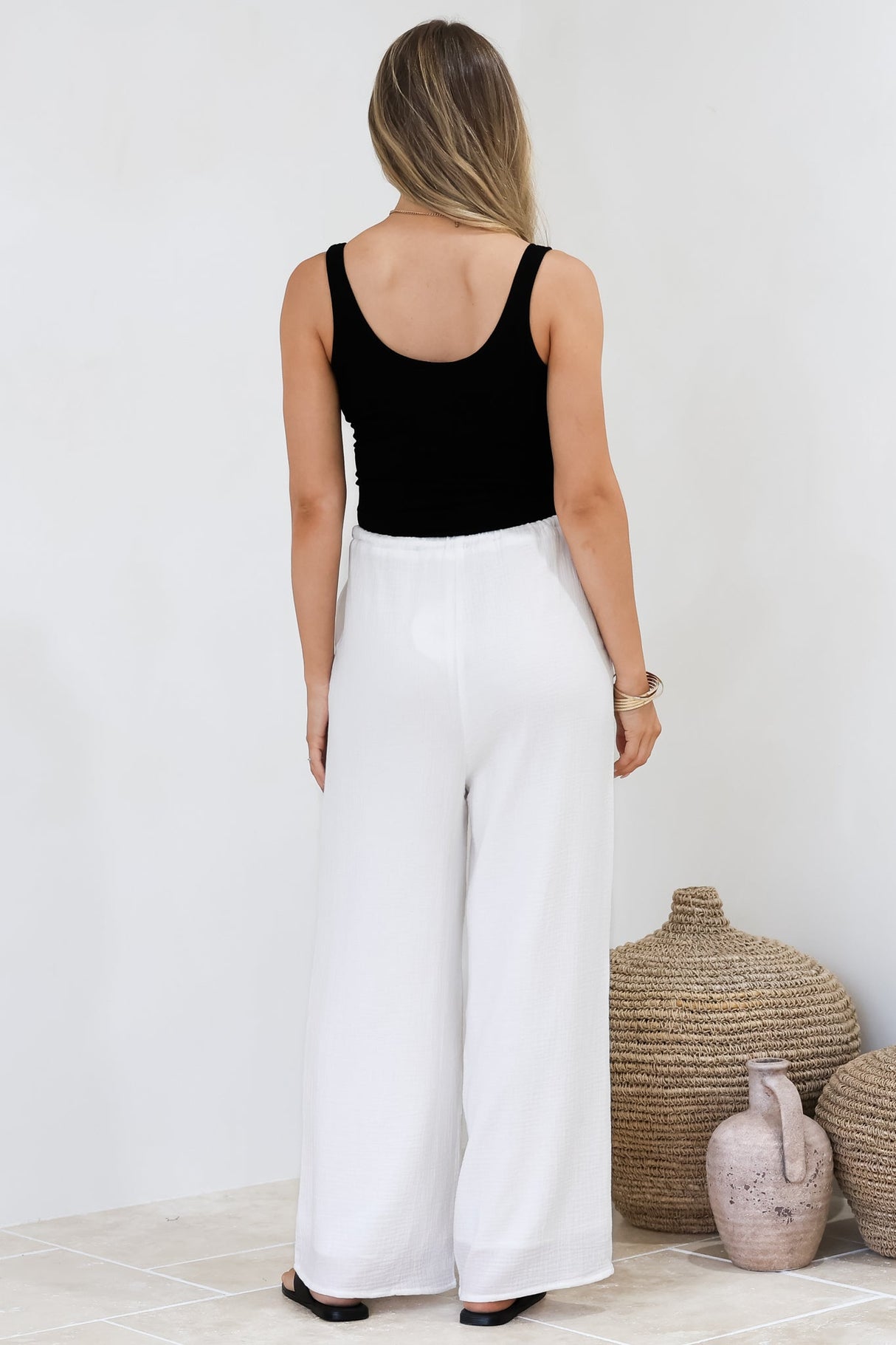 Zafira Pants - High Waisted Cheesecloth Pants with Waist Tie in White