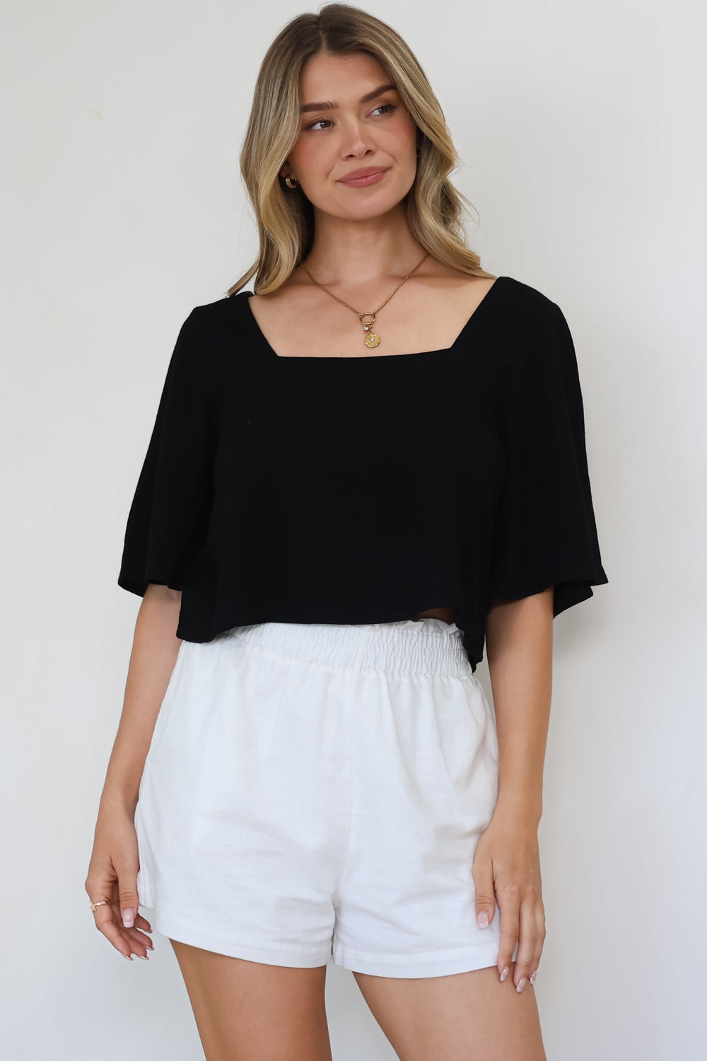 Zali Top - Square Neckline Crop with Short Airy Sleeves in Black