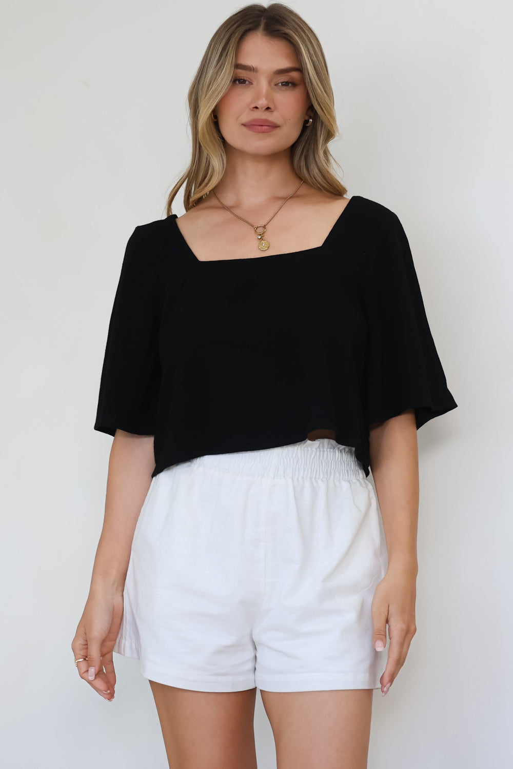 Zali Top - Square Neckline Crop with Short Airy Sleeves in Black