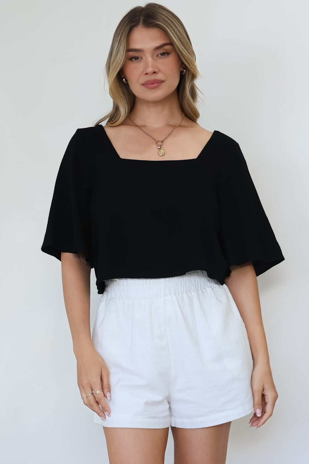 Zali Top - Square Neckline Crop with Short Airy Sleeves in Black