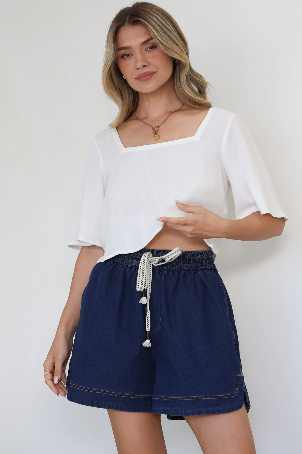 Zali Top - Square Neckline Crop with Short Airy Sleeves in White