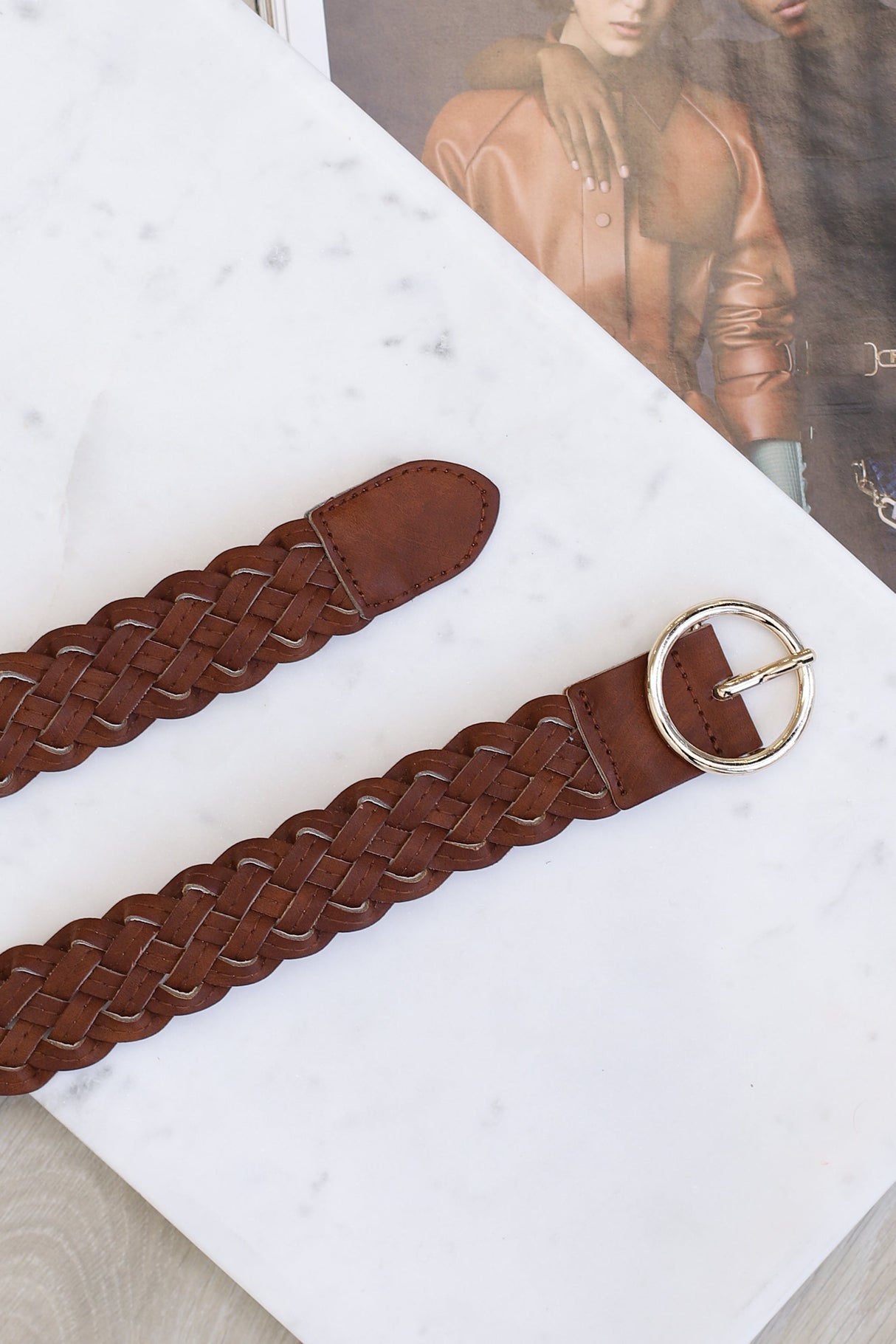 Zane PU Leather Braided Gold Buckle Belt - Brown