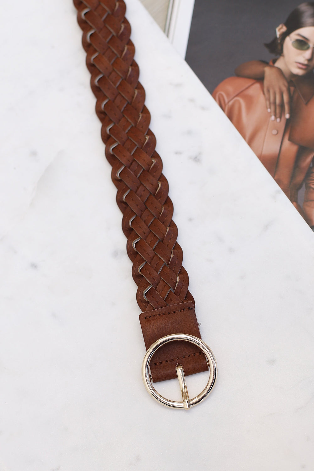 Zane PU Leather Braided Gold Buckle Belt - Brown