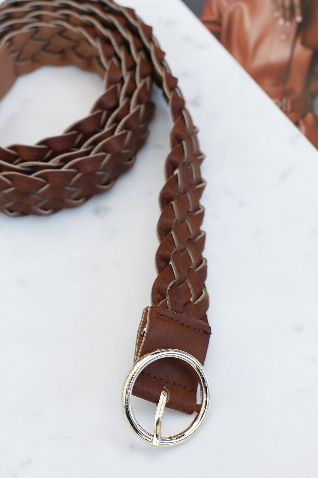 Zane PU Leather Braided Gold Buckle Belt - Brown