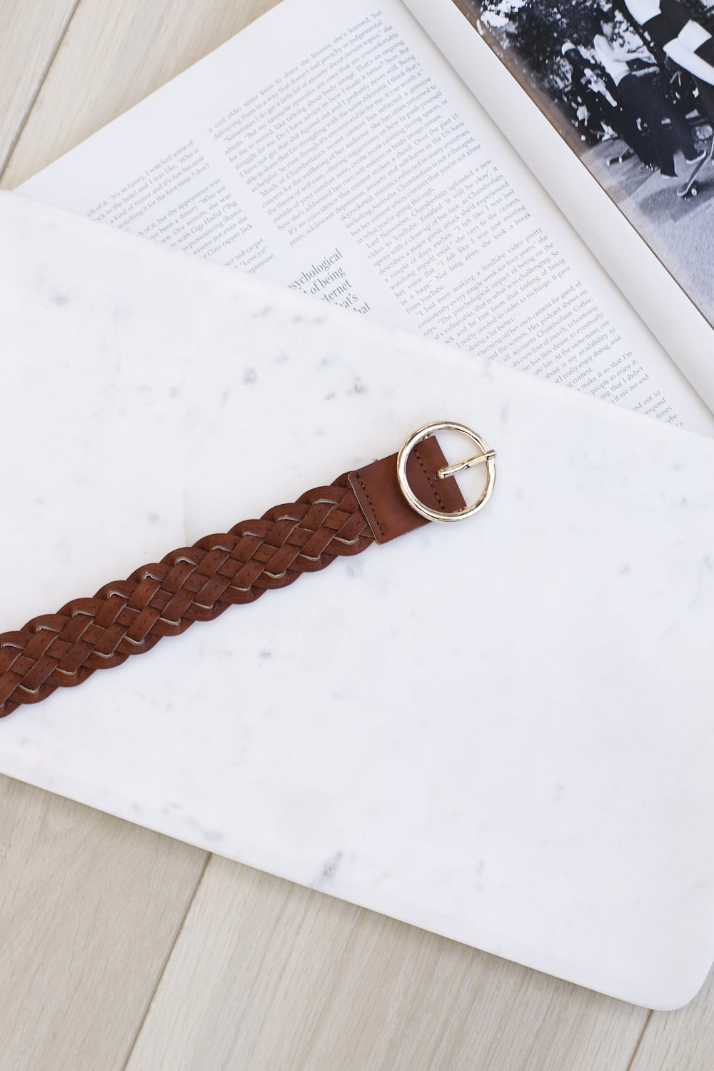 Zane PU Leather Braided Gold Buckle Belt - Brown
