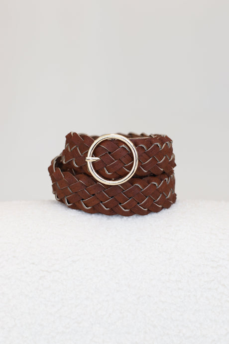Zane PU Leather Braided Gold Buckle Belt - Brown