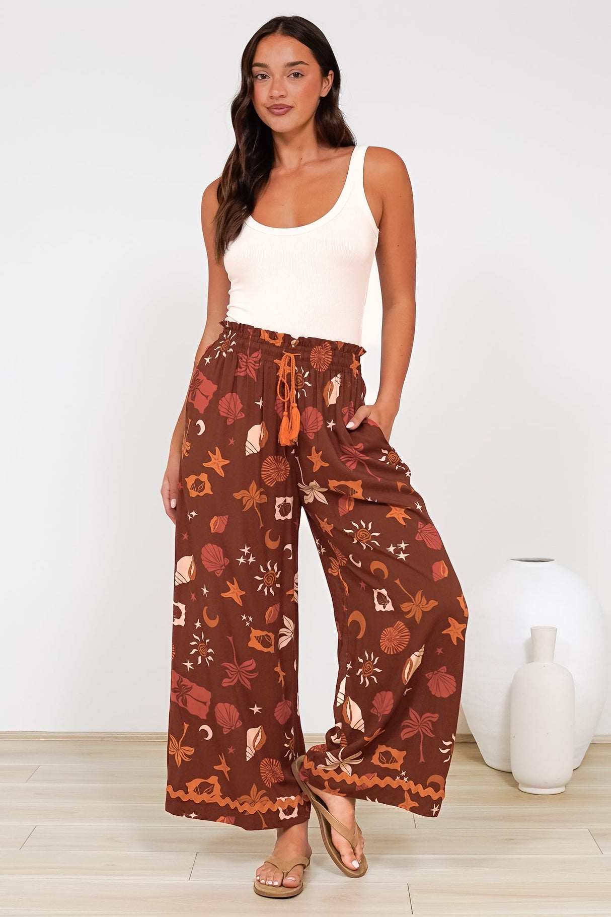 Zara Pants - Paper Bag High Waisted Wide Leg Pants in Celeste Print