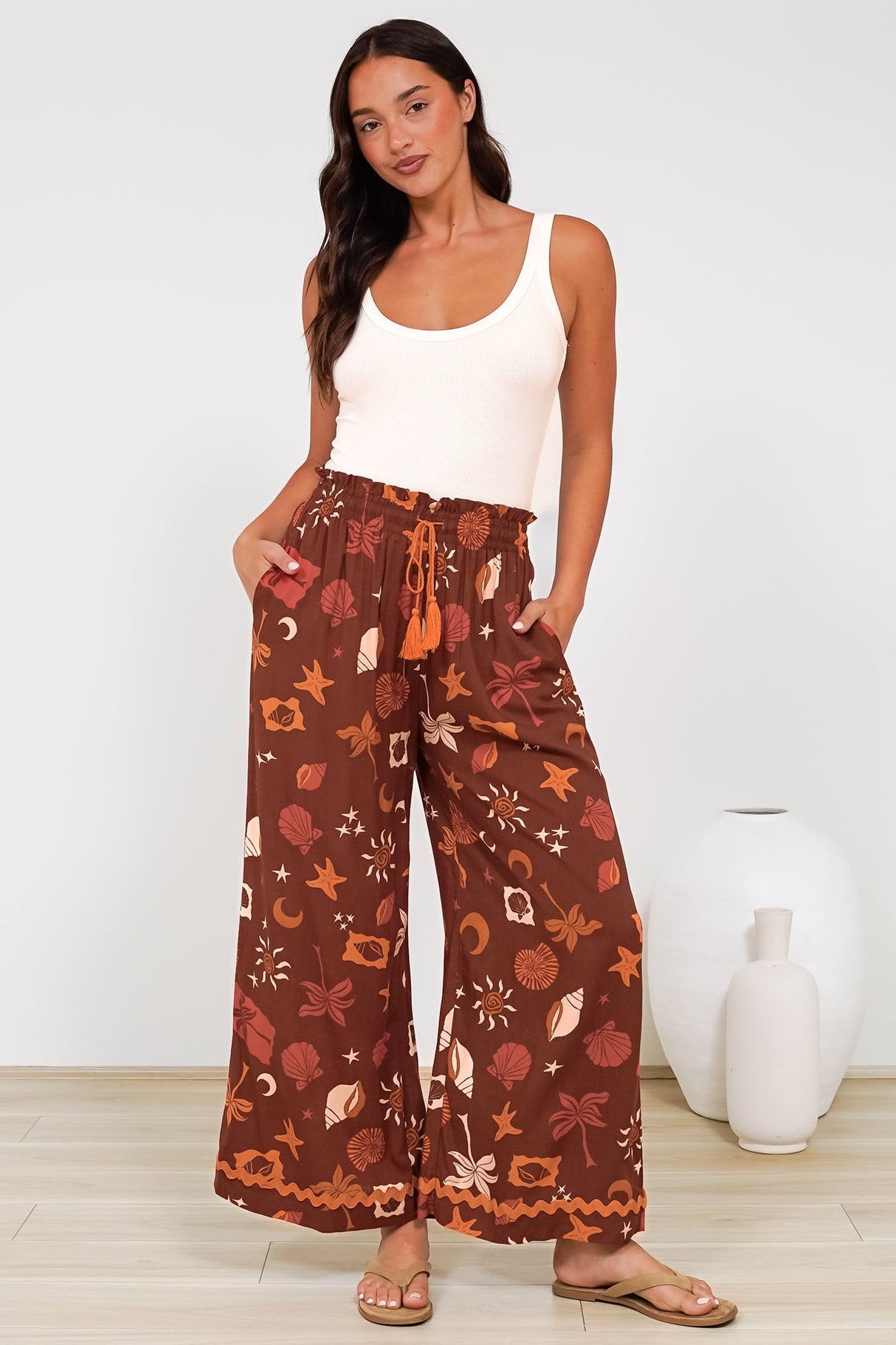 Zara Pants - Paper Bag High Waisted Wide Leg Pants in Celeste Print