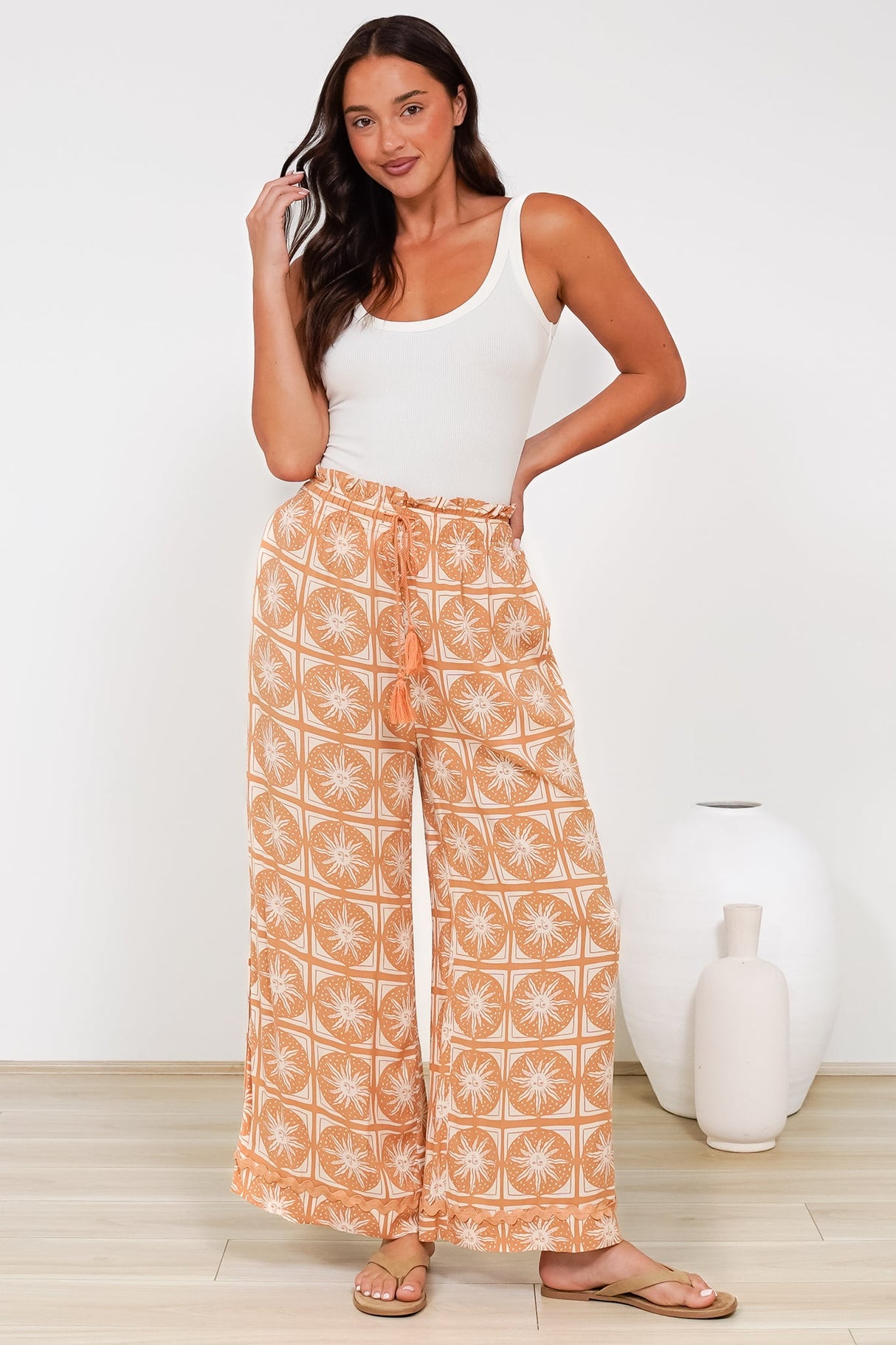 Zara Pants - Paper Bag High Waisted Wide Leg Pants in Solare Print
