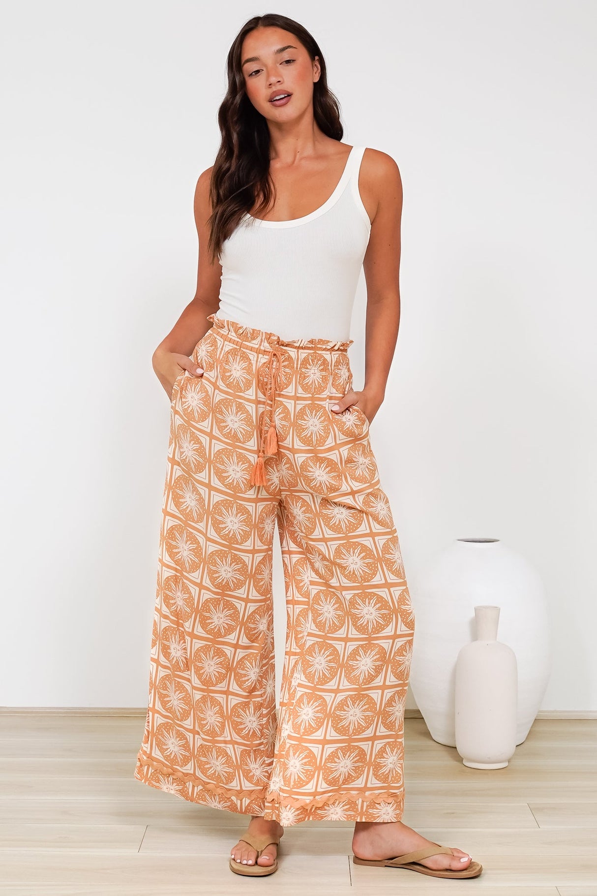 Zara Pants - Paper Bag High Waisted Wide Leg Pants in Solare Print