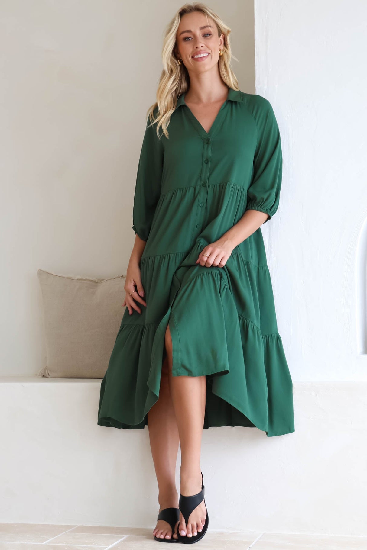 Zaraha Midi Dress - Folded Collar Button Down Tiered Dress in Green