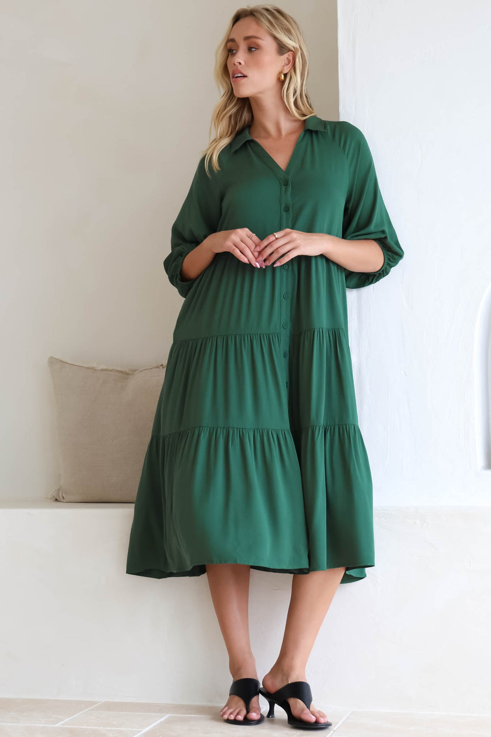 Zaraha Midi Dress - Folded Collar Button Down Tiered Dress in Green