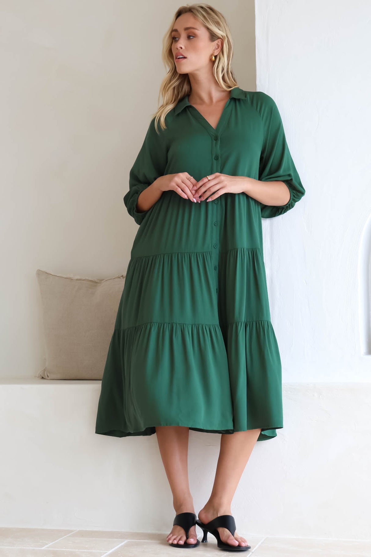 Zaraha Midi Dress - Folded Collar Button Down Tiered Dress in Green