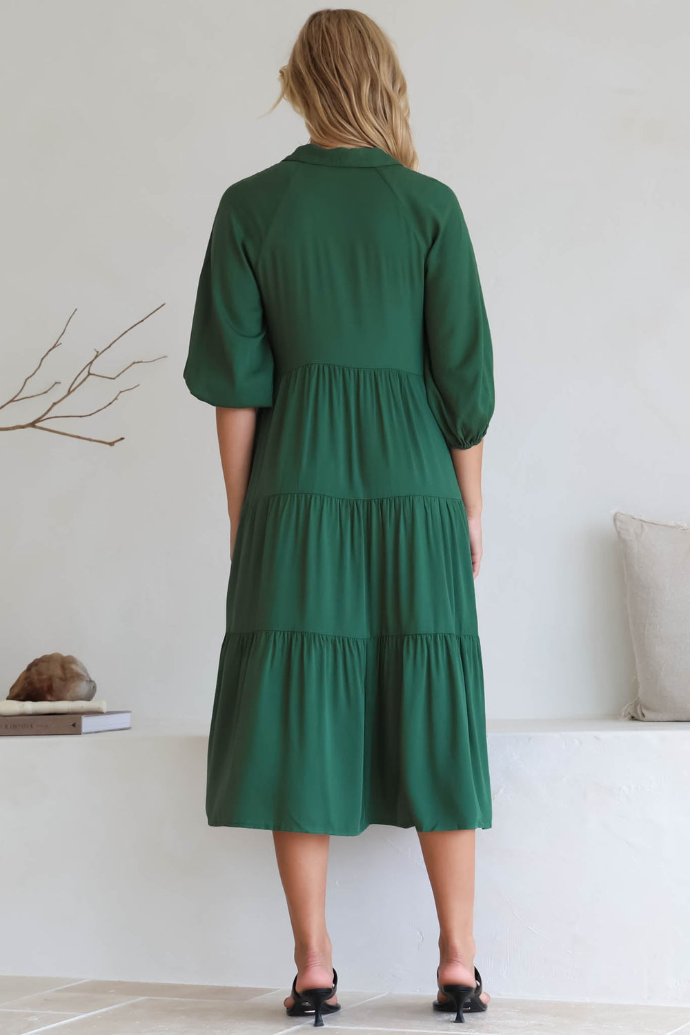 Zaraha Midi Dress - Folded Collar Button Down Tiered Dress in Green