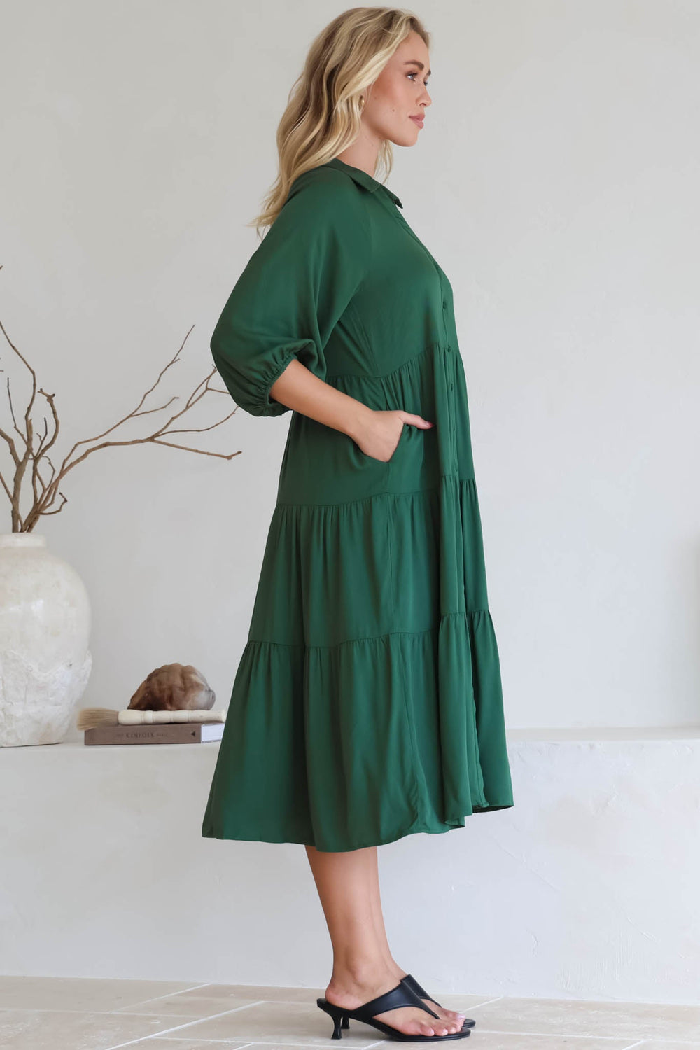 Zaraha Midi Dress - Folded Collar Button Down Tiered Dress in Green