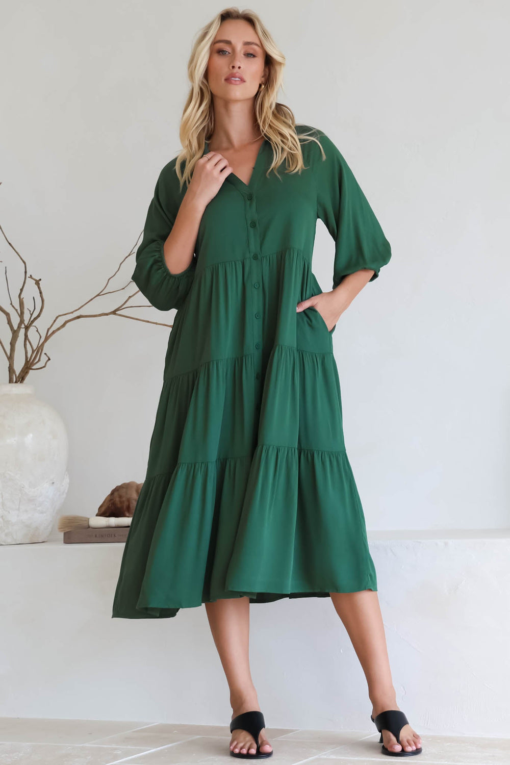 Zaraha Midi Dress - Folded Collar Button Down Tiered Dress in Green