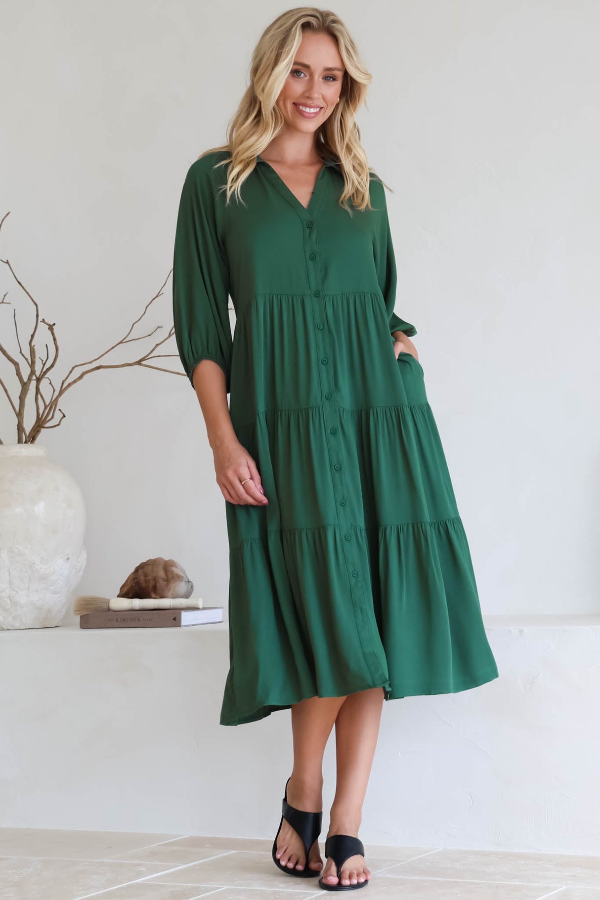 Zaraha Midi Dress - Folded Collar Button Down Tiered Dress in Green