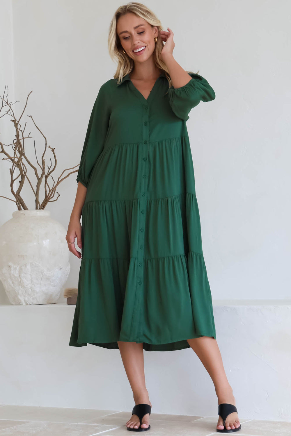 Zaraha Midi Dress - Folded Collar Button Down Tiered Dress in Green