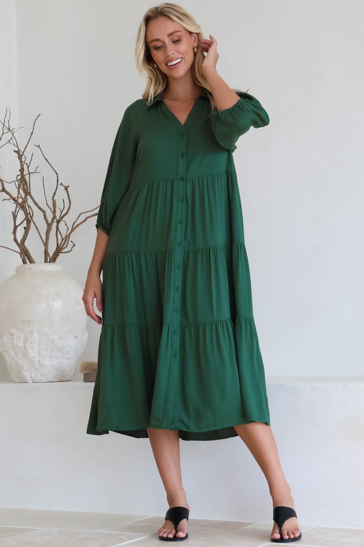Zaraha Midi Dress - Folded Collar Button Down Tiered Dress in Green