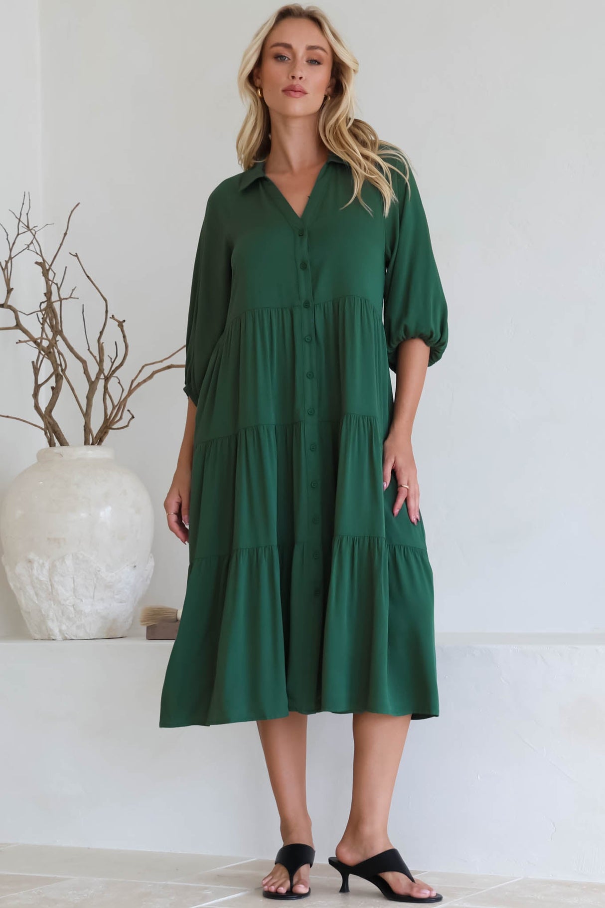 Zaraha Midi Dress - Folded Collar Button Down Tiered Dress in Green