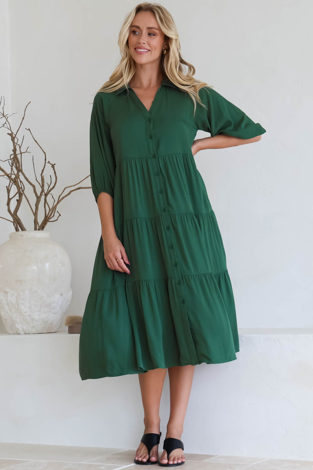 Zaraha Midi Dress - Folded Collar Button Down Tiered Dress in Green