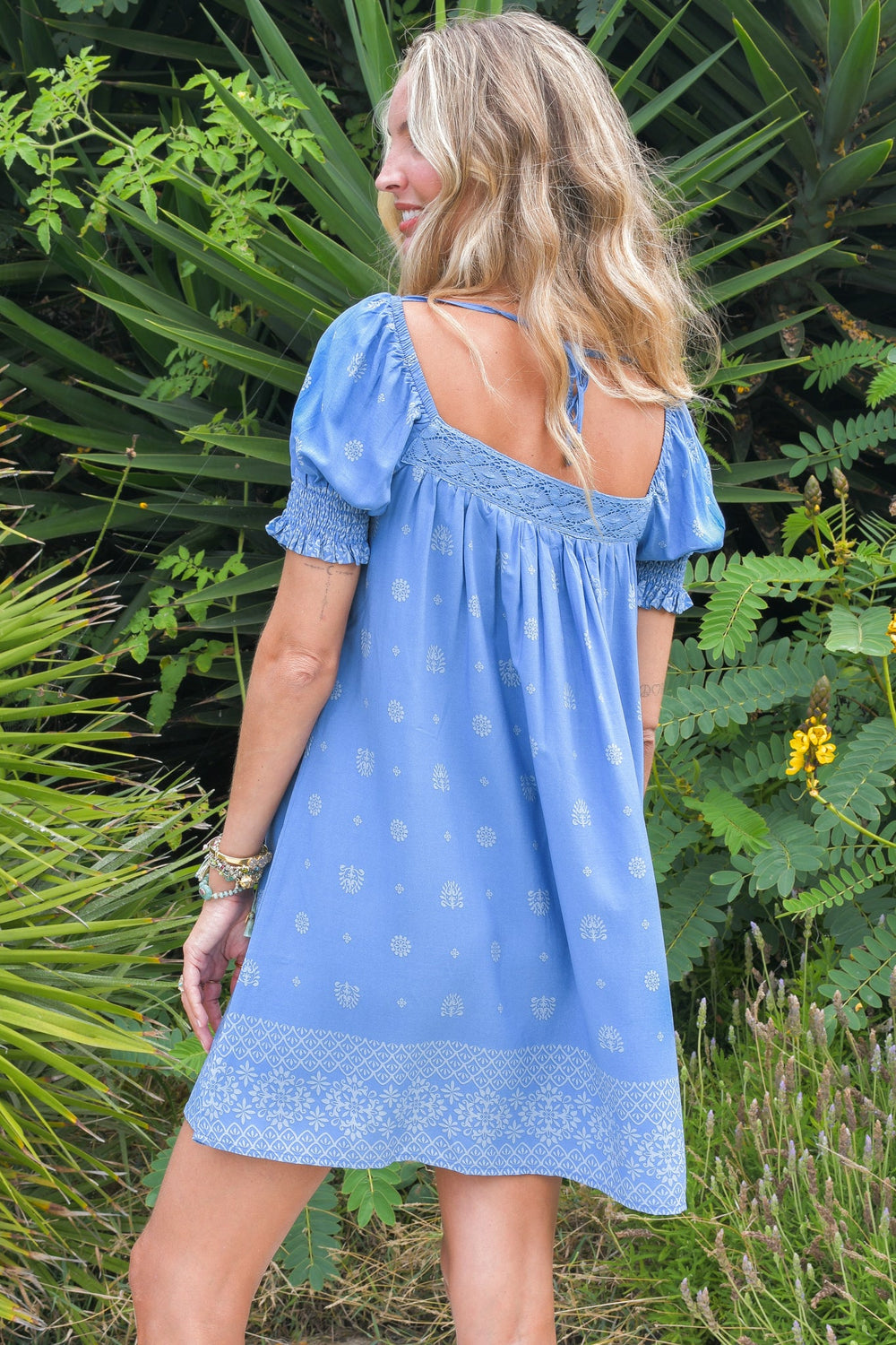 JAASE - Zayli Mini Dress: Lace Trim Neckline Shift Dress with Short Puff Sleeves in Azure Sky Print