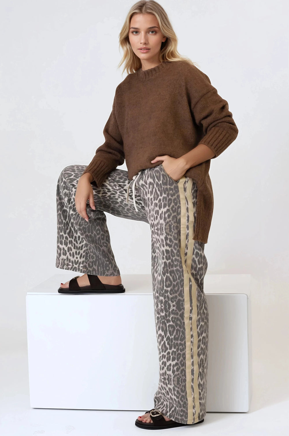 Zayne Pants - High Waisted Wide Leg Pants with Double Side Strip in Leopard Print
