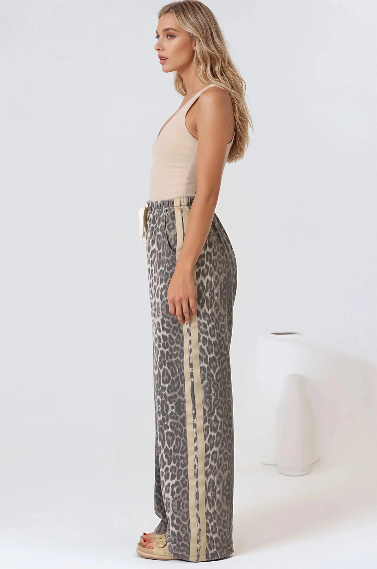 Zayne Pants - High Waisted Wide Leg Pants with Double Side Strip in Leopard Print