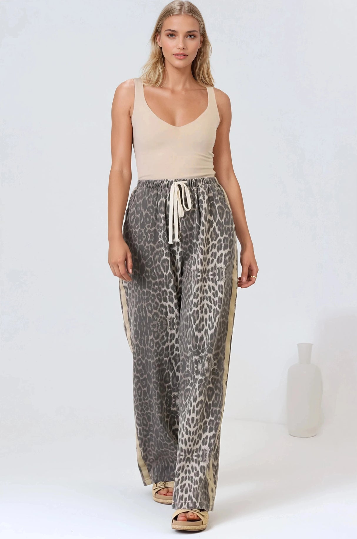 Zayne Pants - High Waisted Wide Leg Pants with Double Side Strip in Leopard Print