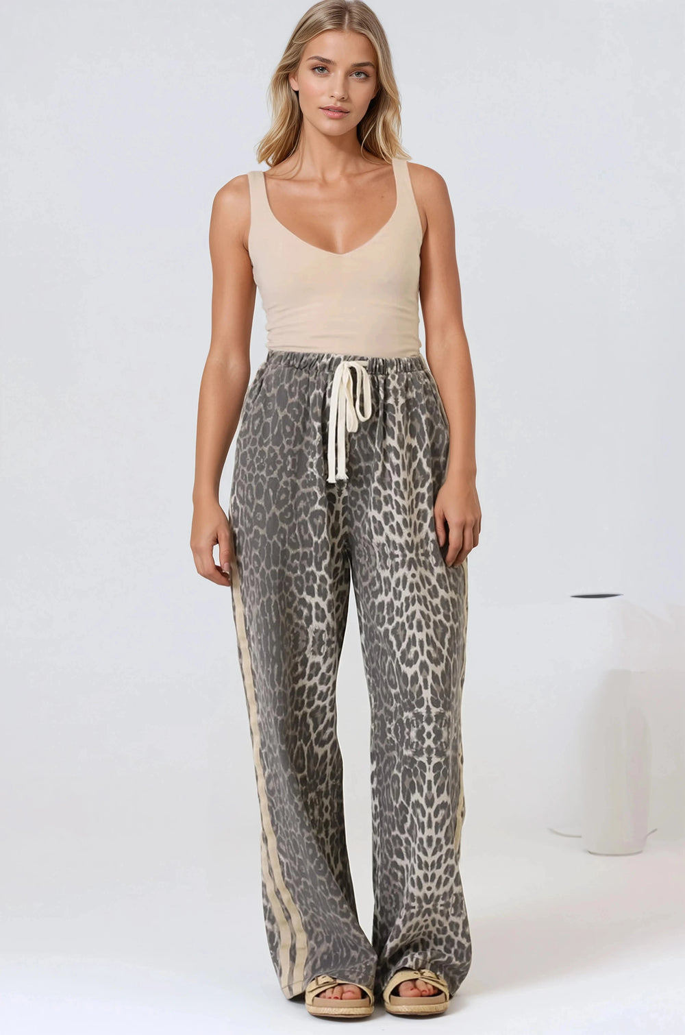 Zayne Pants - High Waisted Wide Leg Pants with Double Side Strip in Leopard Print