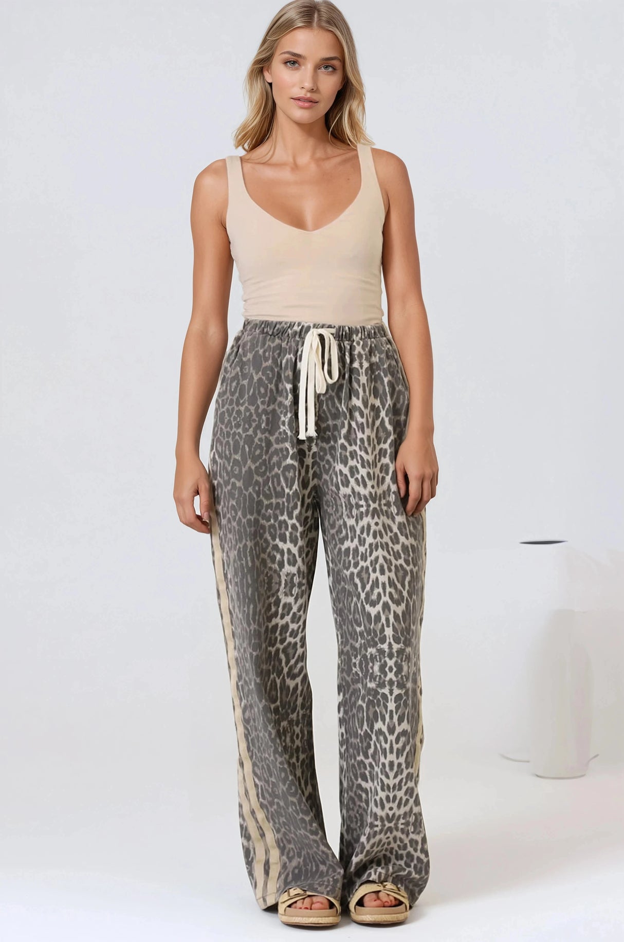 Zayne Pants - High Waisted Wide Leg Pants with Double Side Strip in Leopard Print