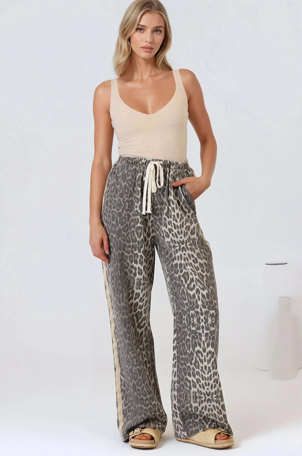 Zayne Pants - High Waisted Wide Leg Pants with Double Side Strip in Leopard Print