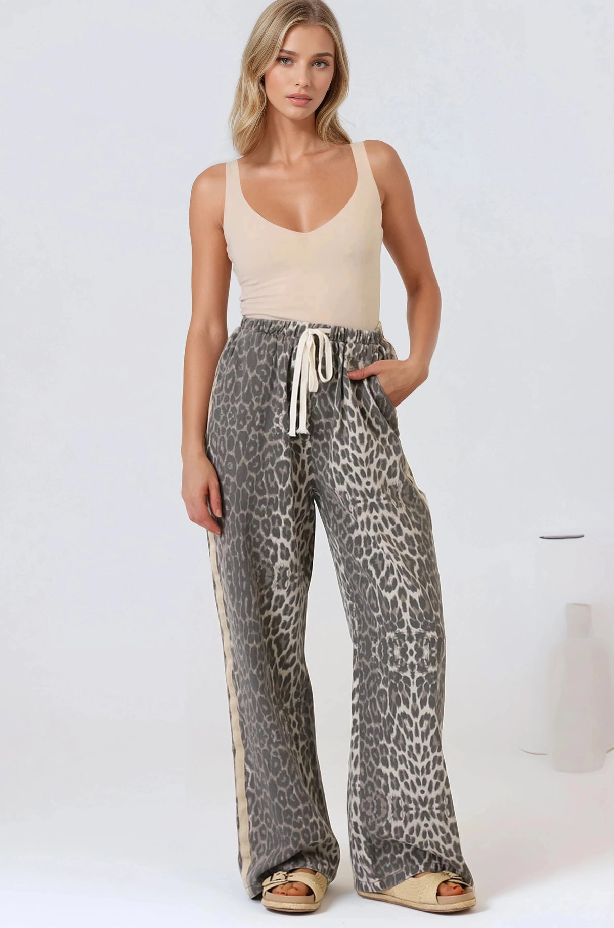 Zayne Pants - High Waisted Wide Leg Pants with Double Side Strip in Leopard Print
