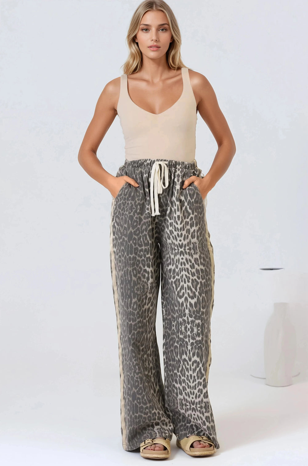 Zayne Pants - High Waisted Wide Leg Pants with Double Side Strip in Leopard Print
